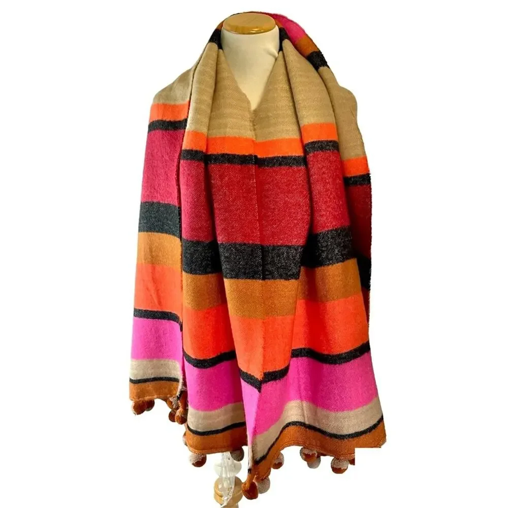 Nordstrom Women's Soft Plush Blanket Scarf Pompoms Pink Orange Black Tan Stripe